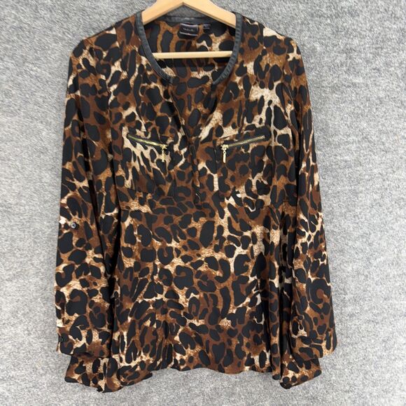 Rafaella Blouse Women S Small Brown Animal Print V-Neck Long Sleeve Pockets - Picture 1 of 6